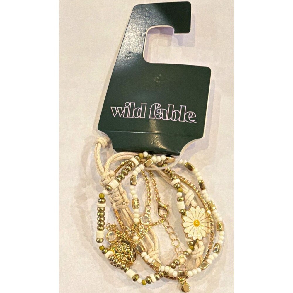 Wild Fable Gold/White Beaded Wrap Bracelet Set Adjustable Daisy Charm NWT